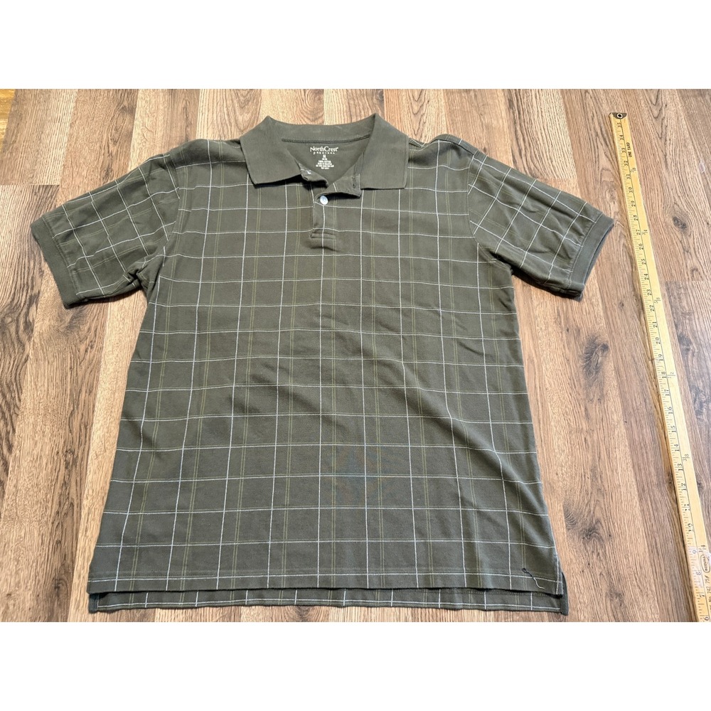 NorthCrest Polo Mens Medium Green Adult Short Sleeve Plaid Cotton Excellent